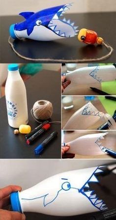 a collage of photos showing how to make a shark bottle with toothbrushes