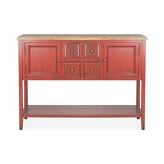 the sideboard is red and has four drawers on one end, two doors on the other