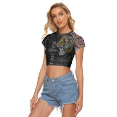 Custom Custom Mexico Skull Jaguar Warrior Aztec Women Raglan Cropped T Shirt Festival Crew Neck Crop Top, Edgy Crop Top For Festival, Casual Fitted Skull Print Tops, Casual Fitted Tops With Skull Print, Fitted Casual Tops With Skull Print, Punk Crop Top For Festivals, Punk Style Crop Top For Festival, Punk Style Fitted Short Sleeve Crop Top, Punk Style Fitted Crop Top With Short Sleeves