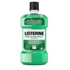 From the manufacturer LISTERINE ANTISEPTIC LISTERINE FRESHBURST Antiseptic Mouthwash has a great-tasting spearmint flavor that strikes fear into germs gives you that feeling of whole mouth clean and refreshed. Just 30 seconds of rinsing twice a day for clinically proven oral health benefits & 24-hour protection against germs that cause bad breath, plaque, and gingivitis.     GERMS WILL BEG FOR MERCY What happens each time you swish properly? LISTERINE FRESHBURST Antiseptic Mouthwash fights 99.9% of germs that cause plaque and gingivitis. THE BOLDEST OF CLEANS Brushing and flossing only go so far. Adding rinsing with LISTERINE FRESHBURST provides a greater reach for a whole mouth clean. PROTECT AGAINST GINGIVITIS A 30-second rinse, twice-daily with LISTERINE FRESHBURST Antiseptic Mouthwash, Oral Hygiene, Brushing