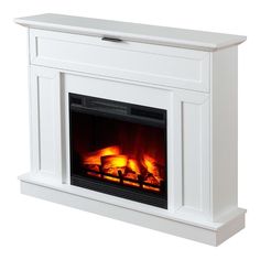 a white fireplace with an electric fire in it