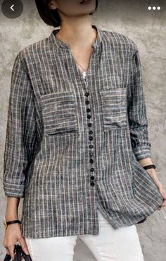 Korean Fashion Blouse, Vintage Striped Shirt, French Gray, Striped Shirt Women, Formal Tops, Cotton Kurti Designs, Shirt Blouses Women's, Cotton Clothes, Casual Summer Tops