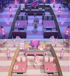 the inside of a restaurant with tables and chairs in pink, purple and white colors