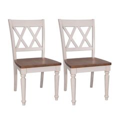 two white chairs with wooden seat cushions