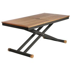 a wooden table with two black legs and a wood tabletop on the top that has an x - base