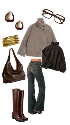 an assortment of clothing and accessories including boots, sweaters, sunglasses, and handbag