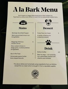 a menu for a restaurant with dogs and drinks