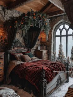 Xmas Bedroom, Enchanted Bedroom Ideas, Goth Bedroom Ideas, Modern Victorian Bedroom, Steampunk Bedroom, Witchy Bedroom, Dark And Moody Bedroom, Goth Bedroom, Bedroom Dark