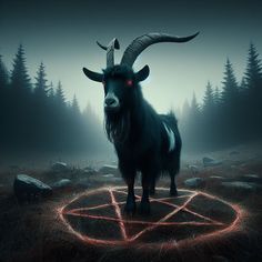 a horned animal standing in the middle of a field with trees behind it and red light coming from its eyes