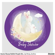 a baby shower sticker with an image of a bunny on the moon and flowers