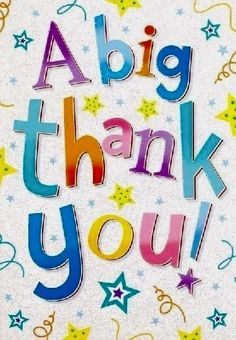 a big thank you card with stars and confetti on the bottom in bright colors