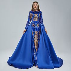 Long Royal Blue Sequins Pageant Evening Dress with Detachable Train EN5406 Dress Engagement, Gown Elegant, Strapless Prom Dresses, Elegant Prom Dresses, Evening Gowns Elegant, Evening Dresses Cocktail, Chapel Train, Jewel Neck, Prom Party