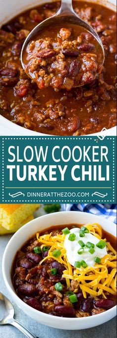 slow cooker turkey chili in a white bowl with a ladle scooping out