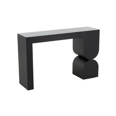 a black modern console table with an oval base and curved legs, on a white background