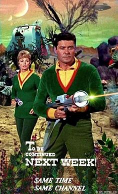 an old movie poster with two men in green uniforms holding a sci - fi object