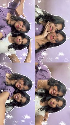 four different pictures of a woman with her hair in the air and wearing a purple shirt