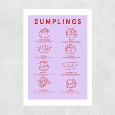 a poster with different types of dumplings in red ink on a pink paper background