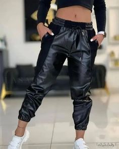 Lasaky - Contrast PU Leather Pants with Drawstring Trendy Trouser, Lace Cuffs, Cuffed Pants, Beautiful Clothes, Lace Insert, Black Bottoms, High Waisted Trousers, Fashion Trend, Fashion Pants