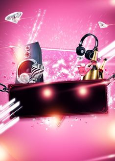 a pink background with headphones, microphones and other items on it's side