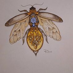 a drawing of a yellow and brown insect with intricate designs on it's wings