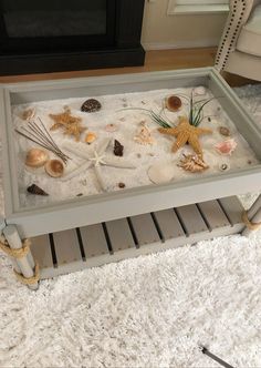 a coffee table with shells and starfish on it