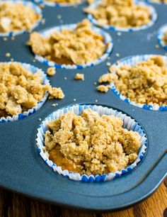 muffins with crumbs sitting on top of a blue tray