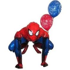 a spiderman balloon with two balloons attached to it's back and the bottom part of his body bent down