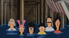 cartoon characters standing in the water under a pier