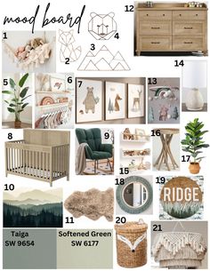 the mood board is full of neutrals and whites for this baby's nursery