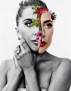 a woman with flowers on her face is holding her hand to her face and looking at the camera