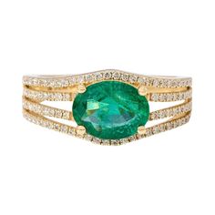 18 Karat Yellow Gold 1.68 Carat Natural Green Emerald and Diamond Statement Ring | From a unique collection of vintage Cocktail Rings at https://www.1stdibs.com/jewelry/rings/cocktail-rings/. Retro Wedding Rings, Statement Rings Diamond, Vintage Cocktail Ring, Fancy Yellow Diamond, Yellow Gold Diamond Ring, Gold Statement Ring, White Diamond Ring, Pistachio Green, 18k Gold Ring