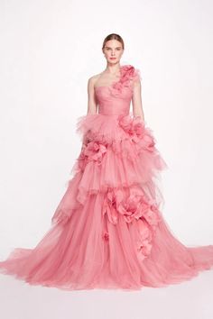 Marchesa Wedding Dress, Wedding Dress Pink, Elf Princess, Prom Dress With Train, Pink Wedding Dresses, Tiered Maxi Skirt, Soft Tulle