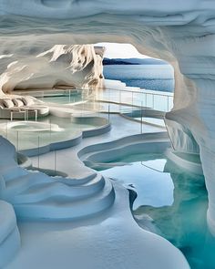 the inside of an ice cave with blue water and white snow on the ground below