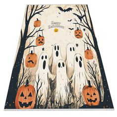 an area rug with halloween pumpkins and ghost faces in the woods, on white background