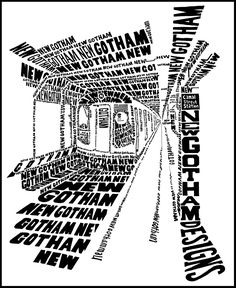 a black and white photo with words in the shape of a subway car on it