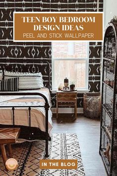 a bedroom decorated in black and white with text overlay that reads teen boy bedroom design ideas pel and stick wallpaper