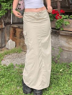 Y2K Drawstring Low Waisted Long Skirt Vintage Pocket Long Cargo Skirt - AnotherChill Grunge Outfits Vintage, Long Cargo Skirt, Cargo Skirts, Long Skirt Casual, Streetwear Chic, Maxi Rok, Ankle Length Skirt, Chic Skirts, Skirt Y2k