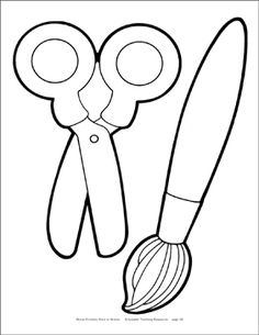 a pair of scissors and a hairbrush are shown in this coloring page for kids