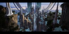 a futuristic city surrounded by mountains and trees