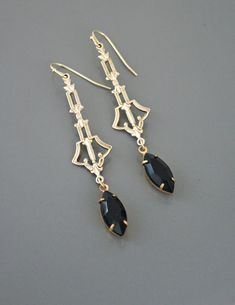 "Vintage Jewelry - Art Deco Earrings - Black Earrings - Gold Earrings - Bridesmaids Earrings - Wedding Earrings - Chloe'shandmade jewelry Gorgeous vintage brass Art Deco designed drops embellished with chic vintage jet black rhinestones. Perfect Bridesmaid earrings for your wedding. Chloe says, Wear them and feel fabulous!\" They measure 2 1/2\" long from the top of the ear wire. Thanks for visiting Chloe's" Dark Blue Earrings, Black Drop Earrings, Outfit References, Bridesmaids Earrings, Vintage Inspired Earrings, Drop Earrings Gold, Vintage Jewelry Art, Brass Art, Deco Earrings