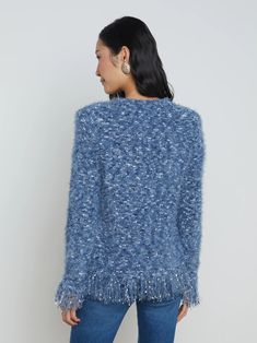 L'AGENCE - Azure Fringe Cardigan Blazer in Blue Multi Blue Textured Knit Long-sleeve Cardigan, Blue Textured Knit Long Sleeve Cardigan, Fall Blue Textured Knit Cardigan, Fall Textured Knit Blue Cardigan, Blue Fall Cardigan, Blue Textured Knit Outerwear, Blue Soft Knit Long Sleeve Outerwear, Cardigan Blazer, Strong Shoulders