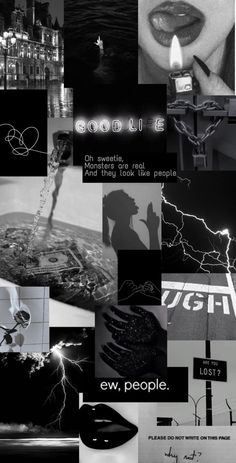 black and white collage with words, pictures, and images in the middle one has a lit candle