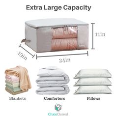 an extra large capacity bed with pillows and blankets on it, next to the size chart for