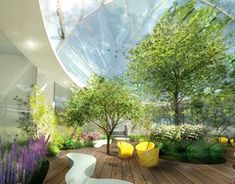 an artist's rendering of the interior of a building with flowers and trees in it