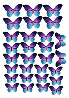 purple and blue butterflies are arranged on a white background