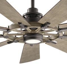 a ceiling fan that has wooden blades on it