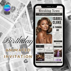 the birthday card for an animated celebration is displayed on a cell phone with newspaper pages in the background