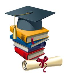 a graduation cap and diploma sitting on top of books with a red ribbon around it