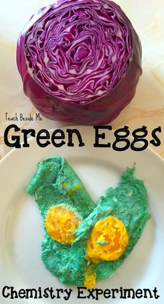 green eggs and red cabbage on a white plate with text overlay that reads, green eggs chemistry experiment