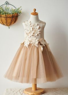 Champagne Flower Girl Dress, Fall Flower Girl, Fall Flower Girl Dresses, Champagne Flower Girl, Flower Girl Dresses Champagne, Champagne Flowers, Dress With Flowers, Tulle Flower Girl, Tulle Flowers